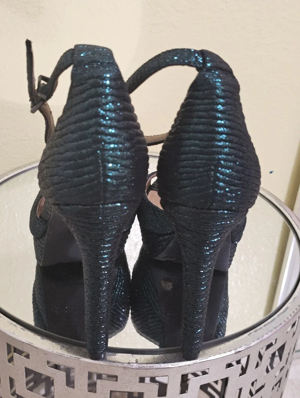 Jessica Simpson Iridescent Dark Green Open-Toe Ankle Strap Heels